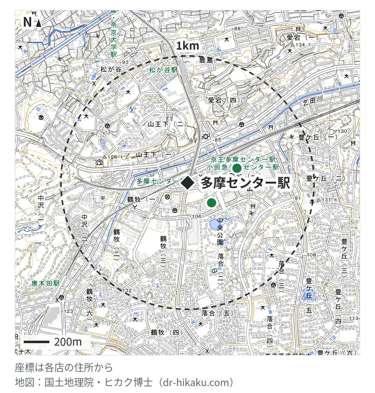多摩センター駅周辺（1km以内）のiPhone修理店 2店の位置図：スマホ修理工房 ココリア多摩センター店 246m、モバイル修理救急便 多摩センター駅前店 406m