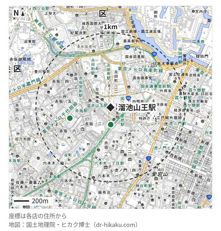 溜池山王駅周辺(1km以内)のiPhone修理店 2店の位置図:iPhone修理王 赤坂・溜池山王店 144m、スマップル 赤坂店 562m
