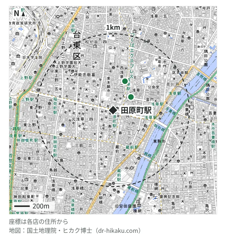 田原町駅周辺(1km以内)のiPhone修理店 2店の位置図:iPhone修理アイサポ 浅草店 290m、スマレストア 浅草店 408m