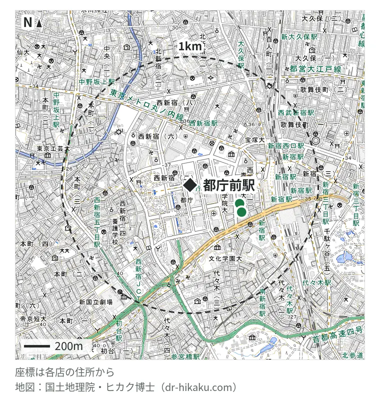 都庁前駅周辺(1km以内)のiPhone修理店 2店の位置図:じゃんぱら 新宿店 410m、新宿iphone修理センター 452m