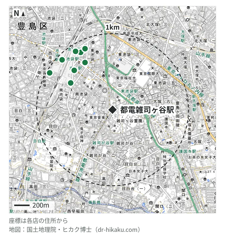 都電雑司ヶ谷駅周辺(1km以内)のiPhone修理店 9店の位置図:モバイル修理救急便 池袋東口店 649m、iCrackedStore 池袋60階通り 714m、スマホ修理王 池袋店 718m、カメラのキタムラ 東京・LABI池袋本店 857m、スマホンポ 池袋本店 874m、スマホ修理工房 池袋P‘パルコ本店 902m、モバイル修理救急便 池袋西口地下街店 927m、ノジマ 池袋東武店 927m、iPhone修理本舗 池袋店 953m