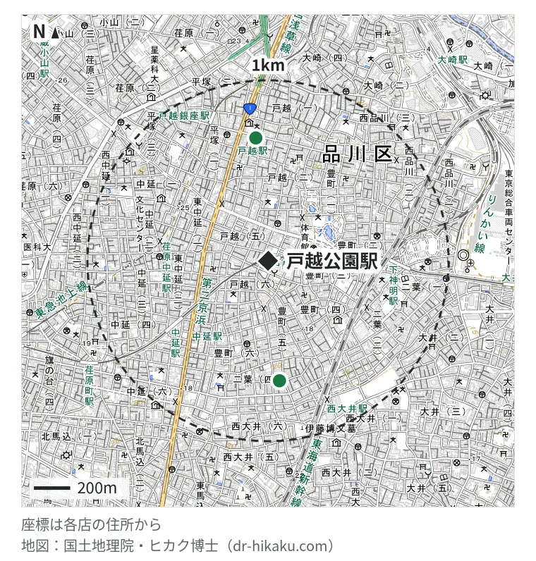 戸越公園駅周辺（1km以内）のiPhone修理店 2店の位置図：プラソンラボ 664m、スマモバ 戸越銀座店 680m