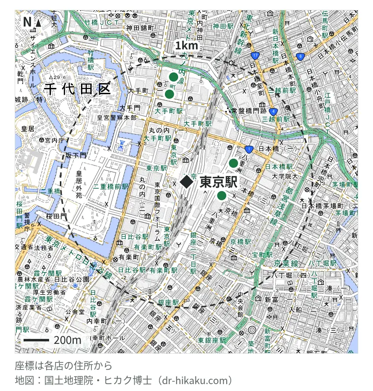 東京駅周辺(1km以内)のiPhone修理店 4店の位置図:モバイル修理救急便 東京駅ヤエチカ店 195m、クイックガレージ 東京駅前 256m、iCrackedStore 大手町 571m、iPhone修理アイサポ 大手町フィナンシャルシティ店 708m