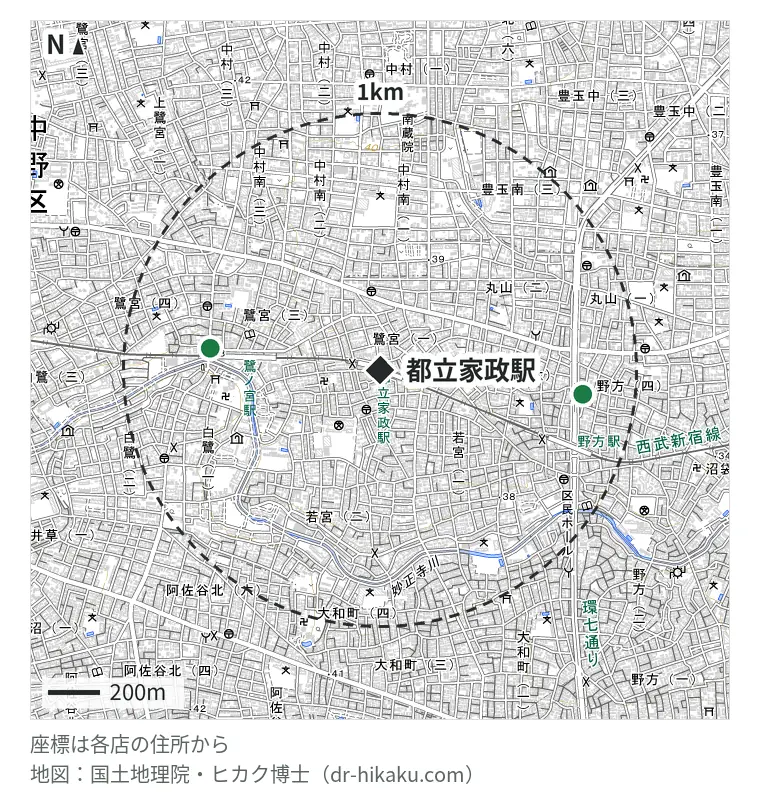 都立家政駅周辺(1km以内)のiPhone修理店 2店の位置図:iPhone修理アイサポ 鷺ノ宮駅前店 664m、デジタル救命 791m