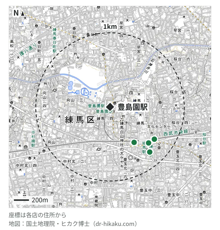 豊島園駅周辺(1km以内)のiPhone修理店 4店の位置図:スマホスピタル 練馬 526m、スマホ修理のクイック 練馬店 652m、iPhone修理アイサポ 西友練馬店 678m、iPhoneお直し本舗 練馬店 752m