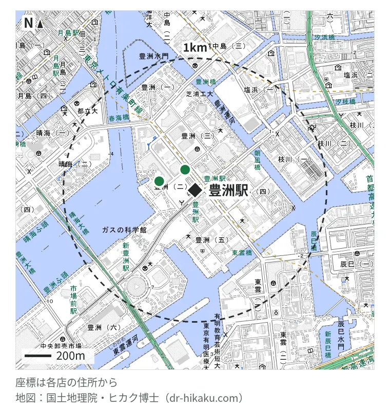 豊洲駅周辺(1km以内)のiPhone修理店 2店の位置図:ノジマ アーバンドックららぽーと豊洲店 123m、スマプラ アーバンドッグららぽーと豊洲店 286m
