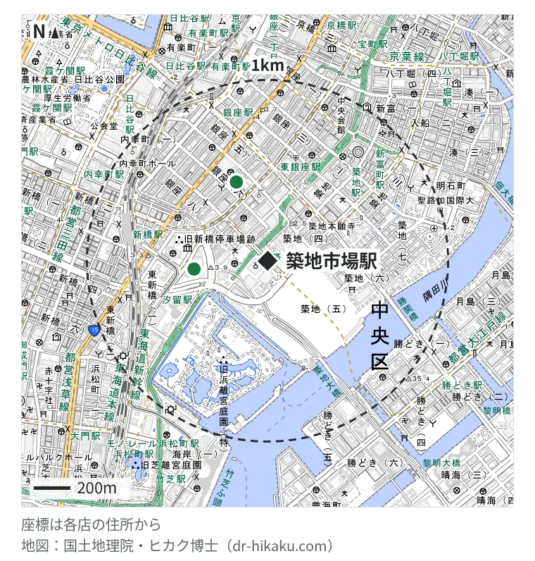 築地市場駅周辺(1km以内)のiPhone修理店 2店の位置図:モバイル修理.jp カレッタ汐留店 407m、ダイワンテレコム 銀座店 466m