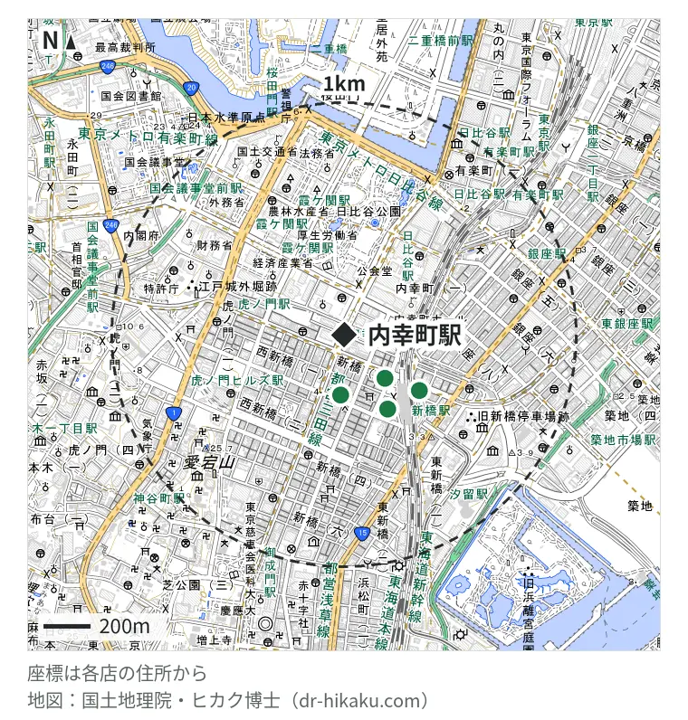 内幸町駅周辺(1km以内)のiPhone修理店 5店の位置図:じゃんぱら 新橋店 257m、じゃんぱら 新橋烏森通り店 260m、アップルエイド 新橋店 370m、スマホ修理王 新橋店 370m、モバイル修理救急便 新橋駅前店 402m