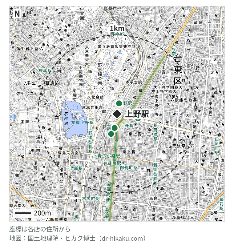 上野駅周辺(1km以内)のiPhone修理店 4店の位置図:モバイル修理救急便 アトレ上野店 59m、スマホ修理工房 上野店 98m、iCrackedStore 上野マルイ 179m、iPhone修理アイサポ 上野店 235m