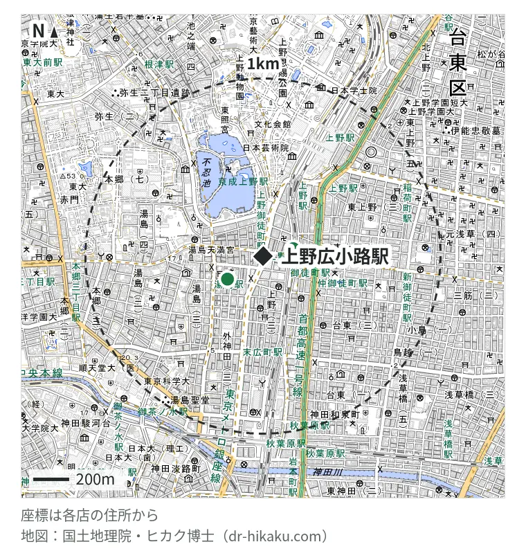 上野広小路駅周辺(1km以内)のiPhone修理店 2店の位置図:スマホ修理王 上野御徒町店 174m、モバイルマッハ 上野店 237m