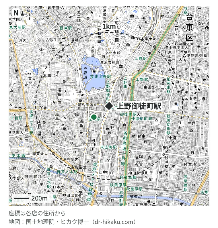 上野御徒町駅周辺(1km以内)のiPhone修理店 2店の位置図:スマホ修理王 上野御徒町店 166m、モバイルマッハ 上野店 253m