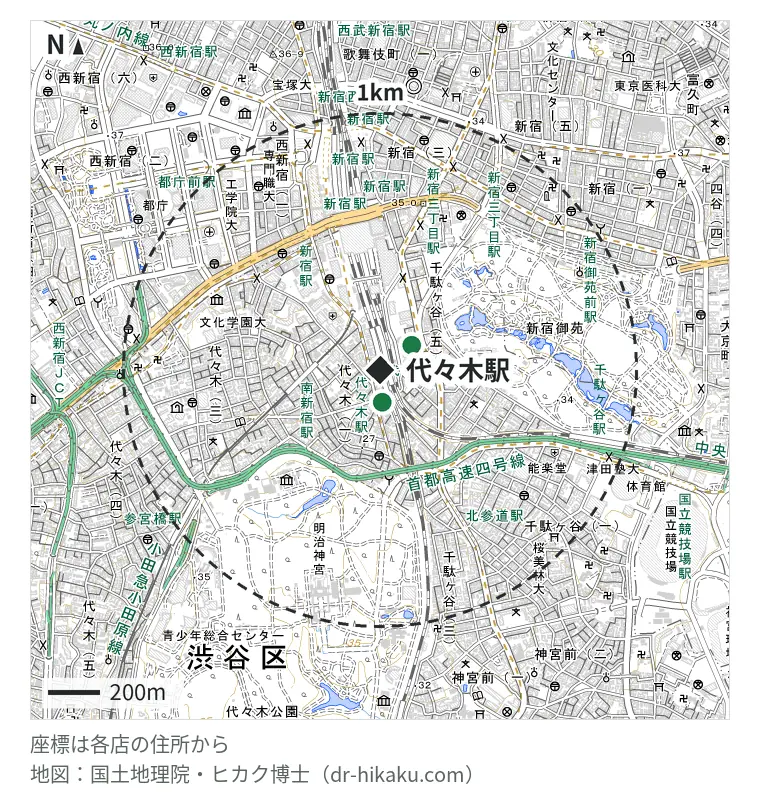 代々木駅周辺(1km以内)のiPhone修理店 3店の位置図:スマートまっくす 代々木駅前店 127m、iCrackedStore 新宿 140m、ノジマ 新宿タカシマヤタイムズスクエア店 140m
