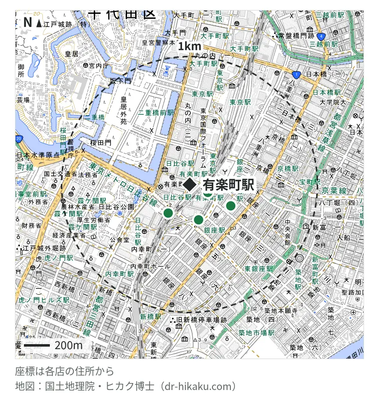 有楽町駅周辺(1km以内)のiPhone修理店 5店の位置図:モバイル修理救急便 有楽町交通会館店 100m、モバイル修理救急便 東京メトロ銀座店 223m、iPhone修理アイサポ 銀座有楽町店 223m、スマレストア 日比谷店 270m、iCrackedStore 銀座ロフト 299m
