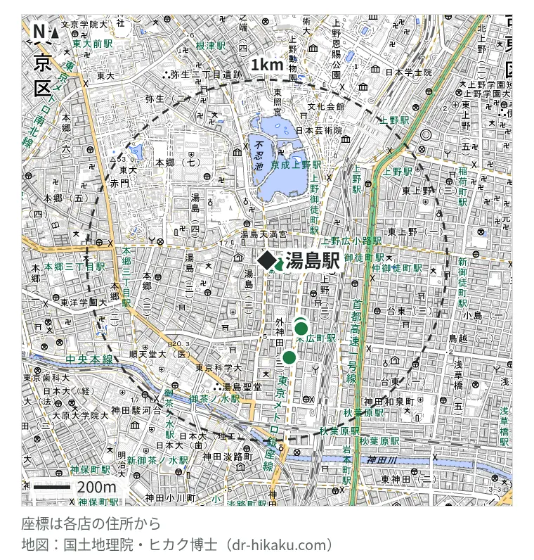 湯島駅周辺(1km以内)のiPhone修理店 4店の位置図:モバイルマッハ 上野店 78m、スマホ修理工房 秋葉原店 396m、アイラブフォン 秋葉原店 422m、じゃんぱら 秋葉原5号店 549m