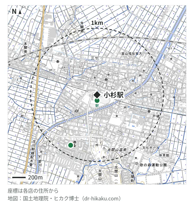 小杉駅周辺（1km以内）のiPhone修理店 2店の位置図：スマホ修理工房 アル・プラザ小杉店 86m、スマホ修理王 小杉町店 850m