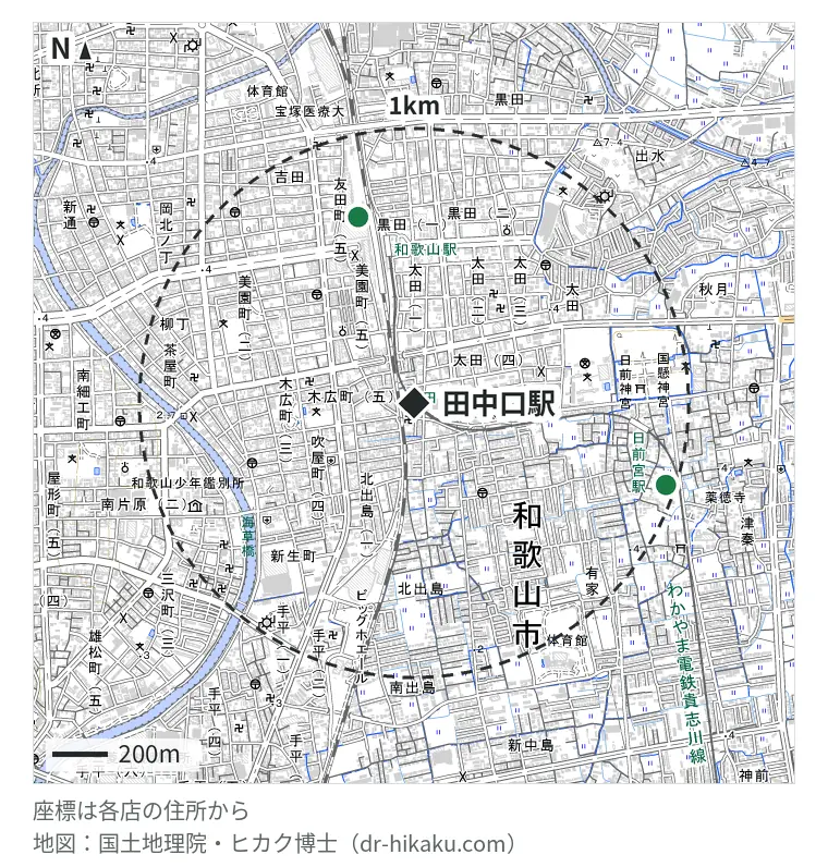 田中口駅周辺（1km以内）のiPhone修理店 2店の位置図：iCrackedStore 和歌山MIO 703m、トコトン巧房 960m
