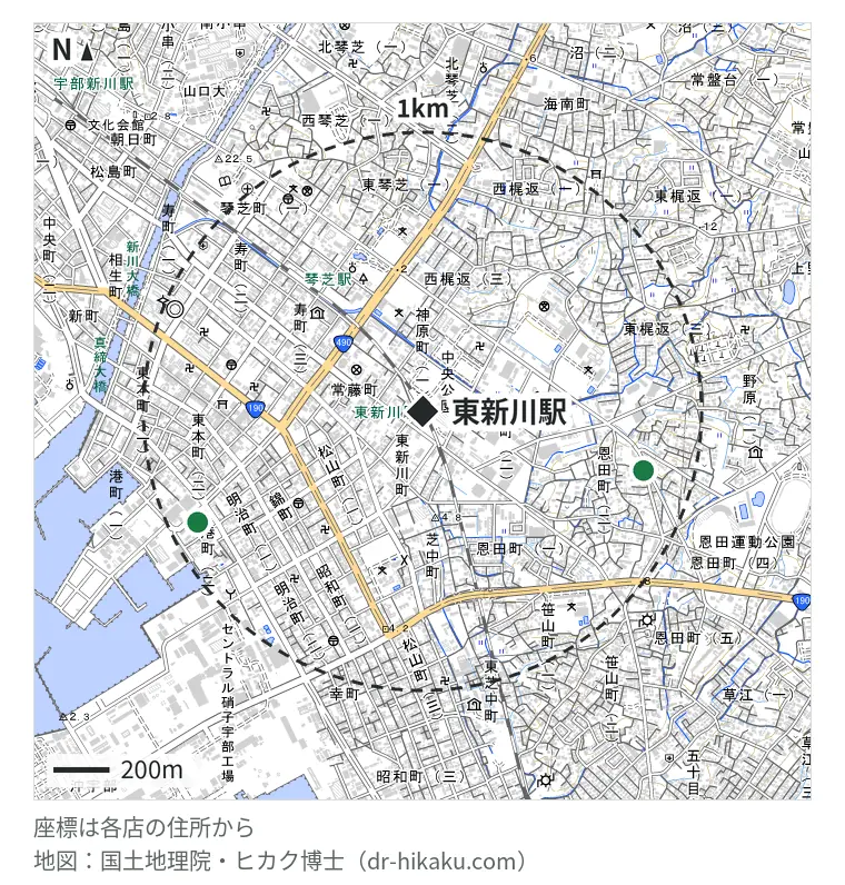 東新川駅周辺（1km以内）のiPhone修理店 2店の位置図：スマホシェルジュ 山口宇部店 815m、Applead(アップリード) 宇部港町ナニここ店 893m