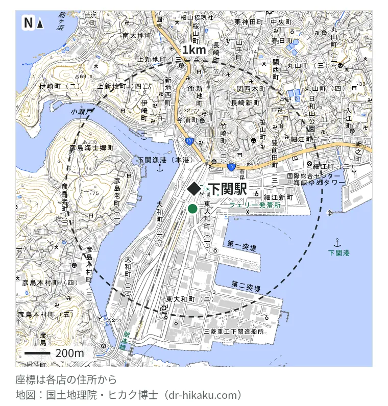 下関駅周辺（1km以内）のiPhone修理店 2店の位置図：スマレンジャー 下関店 156m、スマップル 下関店 180m