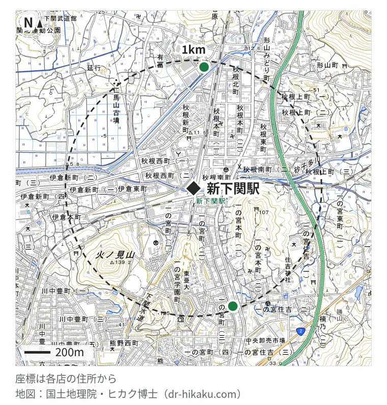 新下関駅周辺（1km以内）のiPhone修理店 2店の位置図：エコモ 新下関×リンゴ屋新下関店 862m、iPhone修理アイサポ 下関店 906m