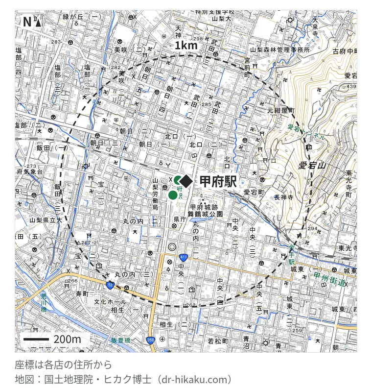 甲府駅周辺（1km以内）のiPhone修理店 2店の位置図：スマホ修理工房 セレオ甲府店 27m、スママモ甲府駅前店 146m